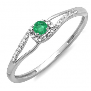0.16 Carat (ctw) 10k White Gold Round Cut Green Emerald And White Diamond Ladies Engagement Bridal Promise Ring