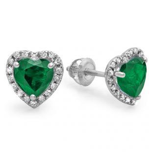 2.25 Carat (ctw) 10K White Gold Heart Shape Emerald & Round Cut Diamond Ladies Halo Stud Earrings