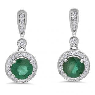 1.10 Carat (ctw) 14K White Gold Round Green Emerald & White Diamond Ladies Halo Style Dangling Drop Earrings 1 CT