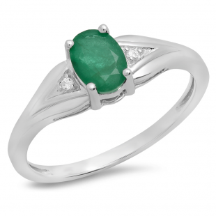 0.85 Carat (ctw) 10K White Gold Oval Emerald & Round White Diamond Ladies Bridal Engagement Ring