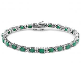 Oval Emerald & Round White Topaz Ladies Tennis Bracelet Sterling Silver