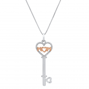 MOM Heart Key Pendant with Round Diamond Accents, White & Rose Gold Plated Two Tone Sterling Silver