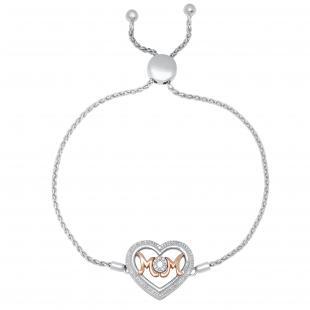 Mom Heart Bracelet with Round Diamond Accents White & Rose Gold Plated Two Tone Sterling Silver