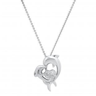 0.10 Carat (ctw) Round White Diamond Mother and Baby Dolphin Heart Pendant 925 Sterling Silver