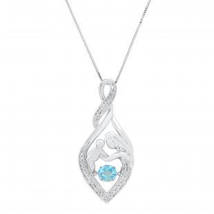 4.5 MM Round Blue Topaz Mother Child Heart Infinity Pendant with Diamond Accents Sterling Silver
