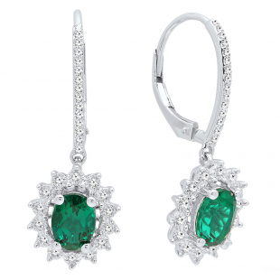 10K White Gold 7X5 MM Each Oval Cut Lab Created Emerald & Round Diamond Ladies Dangling Earrings