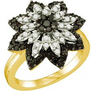 0.85 Carat (ctw) 10k Yellow Gold Round Black & White Diamond Ladies Right Hand Flower Ring