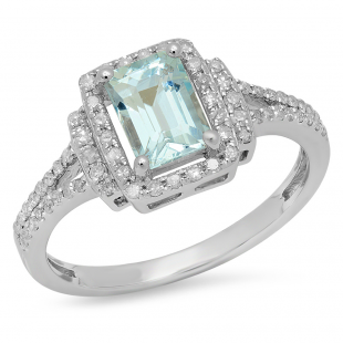 1.40 Carat (ctw) Sterling Silver Emerald Aquamarine & Round White Diamond Ladies Halo Style Bridal Engagement Ring