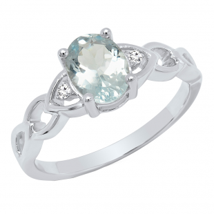 Sterling Silver 8X6 MM Oval Aquamarine & Round White Diamond Ladies Promise Engagement Ring
