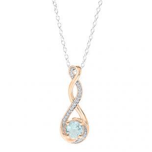18K Rose Gold 6 MM Round Aquamarine & White Diamond Infinity Twist Pendant (Silver Chain Included)
