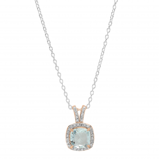 18K Rose Gold 7 MM Cushion Aquamarine & White Diamond Ladies Halo Pendant (Silver Chain Included)