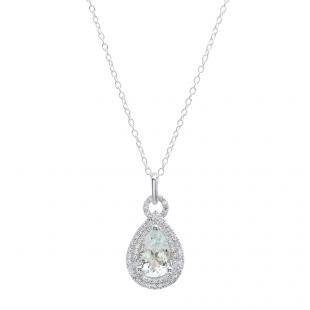 10K White Gold 10X7 MM Pear Aquamarine & Round Diamond Ladies Pendant (Silver Chain Included)