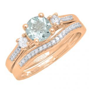 18K Rose Gold 6 MM Round Aquamarine White Sapphire & Diamond Ladies 3 Stone Engagement Ring Set