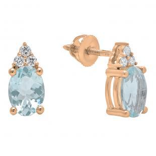 18K Rose Gold 7X5 MM Oval Aquamarine & Round Diamond Ladies Stud Earrings