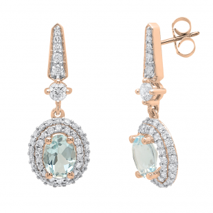 18K Rose Gold 7X5 MM Each Oval Aquamarine & Round Diamond Ladies Drop Earrings