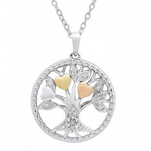 0.08 Carat (ctw) Round Diamond Ladies Tree of Heart Circle Pendant | 3 Tone Plated Sterling Silver