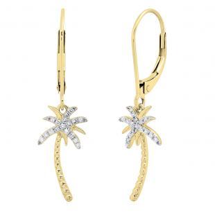 0.15 Carat (cttw) Round White Diamond Ladies Beaded Palm Tree Drop Earrings 14K Yellow Gold