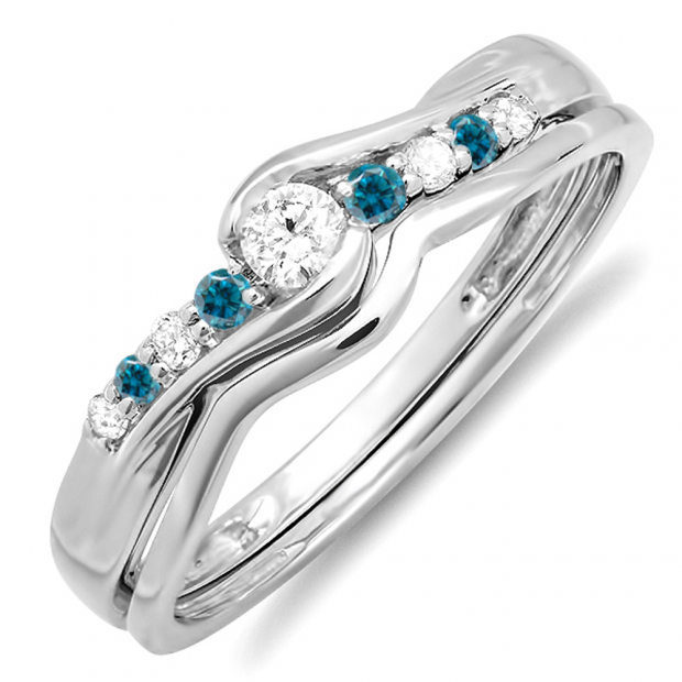 ctw) 10k White Gold Round Blue  White Diamond Ladies Bridal Promise ...