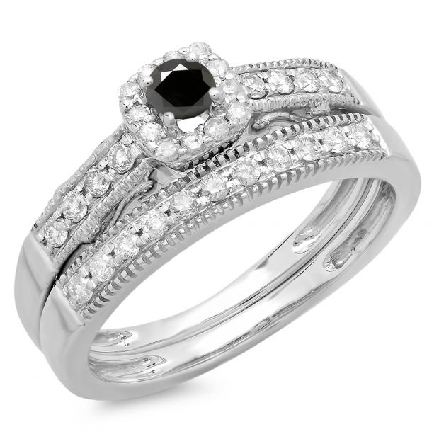 White Gold Round White Black Diamond Ladies Halo Engagement Bridal ... White Gold Round White Black Diamond Ladies Halo Engagement Bridal ...