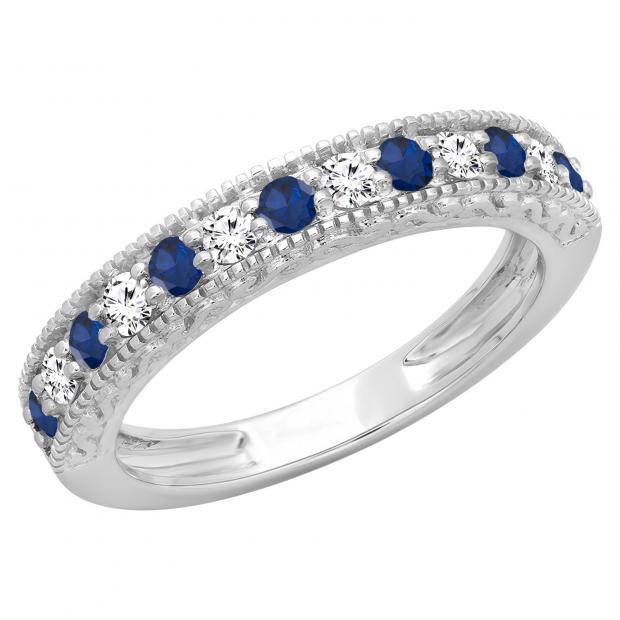 55 Carat (ctw) 18K White Gold Round Cut Blue Sapphire  White Diamond ...