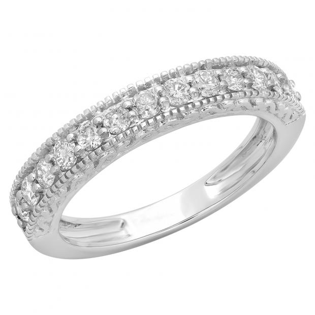 55 Carat (ctw) 14K White Gold Round Cut Diamond Ladies Millgrain ...