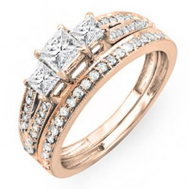 Rose Gold Princess Cut 3 Stone Diamond Ladies Engagement Bridal Ring ...