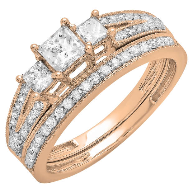 Rose Gold Princess Cut 3 Stone Diamond Ladies Engagement Bridal Ring ...