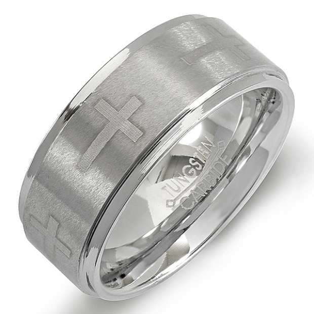 Tungsten Carbide Men's Ring Wedding Band 9MM Cross Ridged Edges Laser ... Tungsten Carbide Men's Ring Wedding Band 9MM Cross Ridged Edges Laser ...