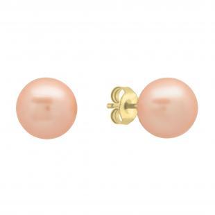 9mm Round Pink Pearl Ball Post Stud Earrings in 14K Yellow Gold in Screw Back