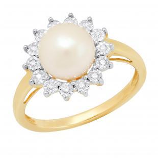 10K Yellow Gold 8 MM Round White Freshwater Pearl & White Diamond Ladies Illusion Engagement Ring