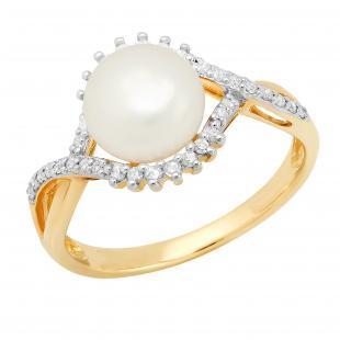 10K Yellow Gold 9 MM Round White Freshwater Pearl & White Diamond Ladies Split Shank Engagement Ring