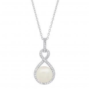 Sterling Silver 10 MM Round White Freshwater Pearl & Diamond Ladies Infinity Pendant