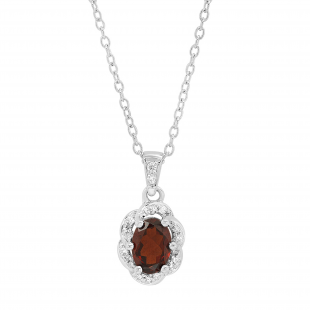 7X5 MM Oval Garnet & Round Diamond Ladies Halo Pendant (Gold Chain Included), 14K White Gold