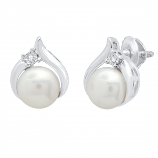 6 mm Round Freshwater Pearl Ladies Stud Earrings with Diamond Accents 925 Sterling Silver