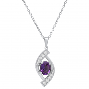 8X6 MM Oval Amethyst & Round Diamond Ladies Flame Pendant (Silver Chain Included), Sterling Silver