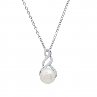 7 MM Round White Freshwater Pearl Ladies Swirl Pendant (Silver Chain Included), 10K White Gold
