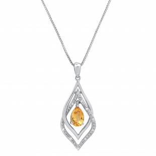 7X5 mm Pear Citrine Leaf Shaped Ladies Drop Pendant with Round Diamond Accents, Sterling Silver