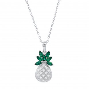 4X2 mm Marquise Lab Created Emerald & Round White Diamond Ladies Pineapple Pendant, 14K White Gold
