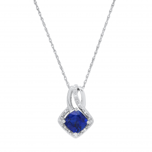 7 mm Cushion Lab Created Blue Sapphire Ladies Pendant with Natural Diamond Accents, Sterling Silver