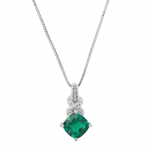 7 mm Cushion Created Emerald Ladies Infinity Tiny Pendant with Round Diamond Accent, Sterling Silver