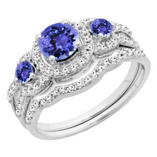 1.40 Carat (ctw) 14K White Gold Round Tanzanite & White Diamond Ladies 3 Stone Halo Bridal Engagement Ring With Matching Band Set