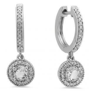 0.70 Carat (ctw) 18K White Gold Round White Sapphire & White Diamond Ladies Halo Style Dangling Drop Earrings 3/4 CT
