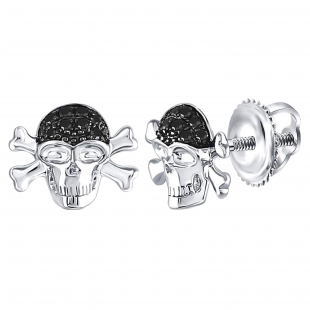 0.10 Carat (ctw) Round Black Diamond Mens Pirate Skull Crossbones Earrings 1/10 CT Sterling Silver