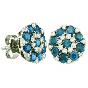 1.50 Carat (ctw) 10k White Gold Round Blue & White Diamond Ladies Cluster Flower Fashion Earrings
