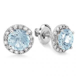 3.00 Carat (ctw) 14K White Gold Round Aquamarine & White Diamond Ladies Halo Style Stud Earrings 3 CT