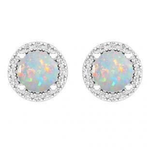 18K White Gold Round Opal & White Diamond Ladies Halo Stud Earrings