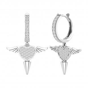 Round White Diamond Angel Heart Dangle Drop Hinged Hoop Earrings for Women (0.53 ctw, Color I-J, Clarity I1-I2) in 14K White Gold
