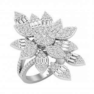 Baguette & Round White Diamond Articulating Floral Split Shank Cocktail Ring for Her (1.96 ctw, Color I-J, Clarity SI) in 925 Sterling Silver
