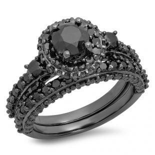 3.10 Carat (ctw) Black Rhodium Plated Sterling Silver Round Black Diamond Ladies Bridal Halo Style Engagement Ring With Matching Band Set