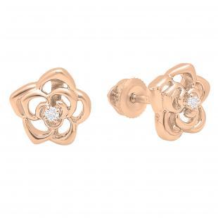 IGI CERTIFIED Round White Diamond Flower Screwback Stud Earrings (0.02 ctw Color I-J Clarity I1-I2) in 14K Rose Gold